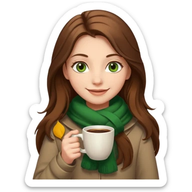 Girl green eyes brown long hair with brown-white winter clothes with coffee in her arms sticker