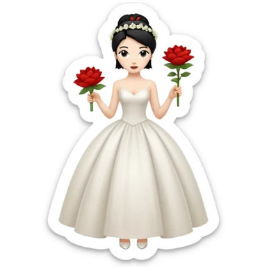 Chica blanca,cuerpo entero, vestido boda  tirantes finos y cuerpo pegado, pelo negro recogido con mechones y zapatos tacon y 1 flor en la cabeza sticker