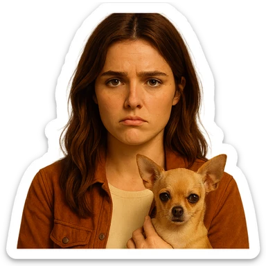 Portrait centered for Instagram profile picture inspired by the facial features visible in the reference images, with a tanned complexion, subtle freckles, shirt color #FFF8CA, rust-colored jacket, medium-length brown hair with auburn highlights, expression disappointed and sulky, holding a beige-brown chihuahua, Netflix series style, transparent background, intimate Tenerife ambiance. sticker