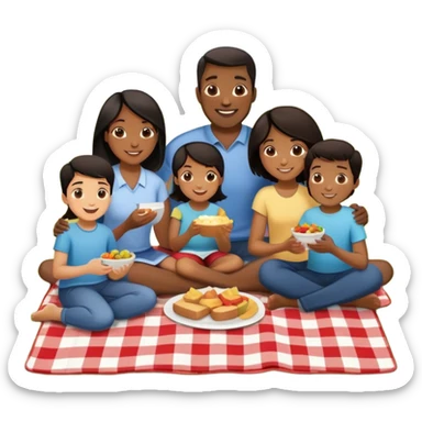Diverse family picnic with Black parents and children with dark hair sitting on a blanket enjoying food outdoors sticker