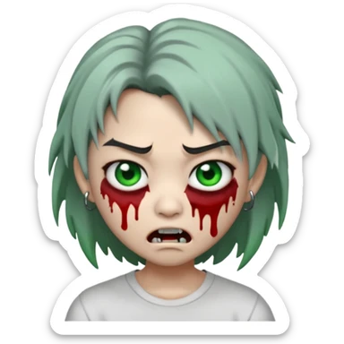 3D emoji-style avatar with grey zombie skin, dark brown hair, a young Asian face, and large green eyes with blood tears. Give it white litle bit messy middle hair style , silver hoop earrings, and a plain white T-shirt. The face expression should be slightly angry, with vampire fang sticker