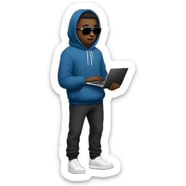 An university student in a blue hoodie with the hood down, black joggers with white sneakers carrying a closed laptop in one of his hand on the side of his body sideways and he is wearing thin sunglasses with black lens.  sticker