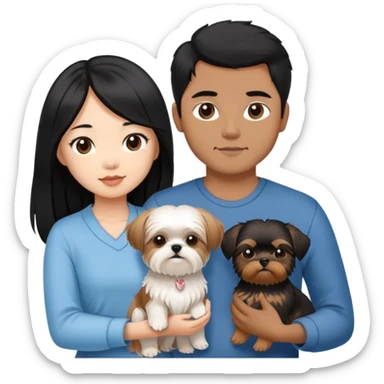 A beautiful Asian girl with long black hair is holding a small yorkshire Terrier. She is standing next to her brown skinned boyfriend, who is holding a white Shih Tzu. They are each holding one dog each sticker