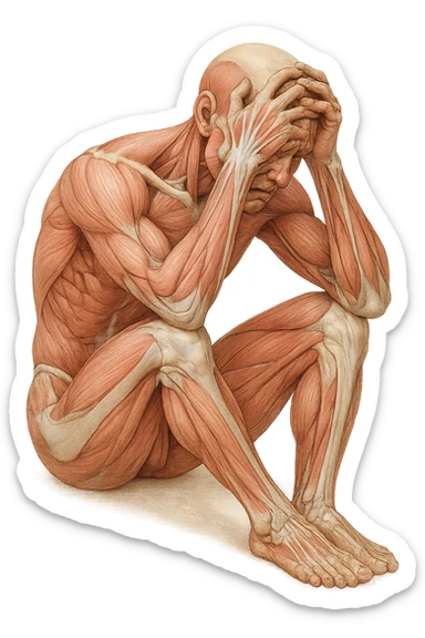 corpo umano anatomico realistico seduto a terra con postura delle spalle chiuse, mani sulla fronte ed espressione disperata in volto, isolato su sfondo bianco sticker