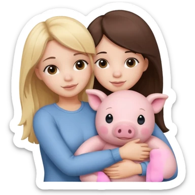 Girlfriends, blonde and brunette, hugging each other with a teddy bear and a little pig sticker