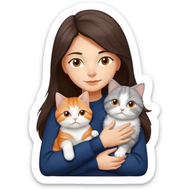a girl with long dark brown hair, in a navy sweater, hugs a persian peaknose grey cat and persian peaknose orange and white kitten and a persion peaknose brown tabby and white cat sticker