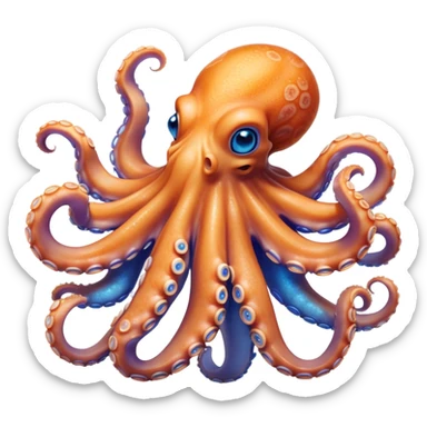 Cinematic Noble smiling Octopus Portrait Emoji, Poised and enchanting, with a light orange body adorned with vibrant blue rings and eight delightfully curling arms with gentle suckers, large sparkling eyes exuding warmth and playfulness, Simplified yet charmingly expressive features, highly detailed, glowing with a soft, magical underwater radiance, high shine, intelligent and irresistibly cute, stylized with an air of whimsical marine enchantment, focused and fluid, soft glowing outline, capturing the essence of a watchful and endearing octopus that appears ready to float out of the screen with delightful charm! sticker