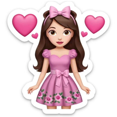Chocolate brown clothes emoji, inspired with brunette hair, brown eyes, long hair, heart shape lips and pink make up  and pink nails, mauve pink blush and floral pink dress, half up hair with white bow peaking on the sides, white heels  sticker