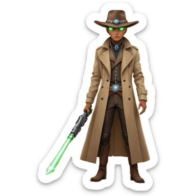 A tall alien cowboy standing in a dusty desert on an alien planet, wearing a futuristic cowboy hat and long trench coat, glowing eyes, twin plasma revolvers on his belt, dramatic sunset, cinematic lighting, ultra realistic, high detail, epic sci-fi western atmosphere

 sticker