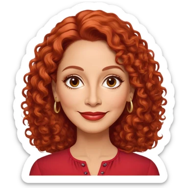 Puerto Rican actress in her 50s with elongated face, soft features, highlighted cheekbones, friendly warm smile, medium almond-shaped brown eyes, defined medium eyebrows, straight fine nose, medium lips with accessible smile, vibrant red curly hair with artistic styling, wearing a solid red blouse sticker