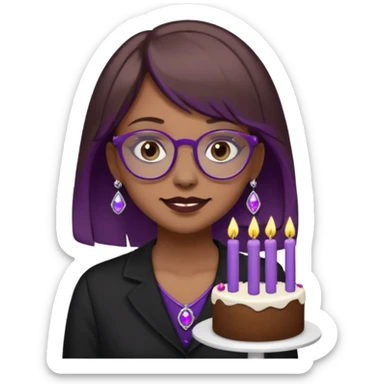 Cute ironic emoji woman, RIP 20’s theme.
Brown medium hair, grey eyes, purple glasses, nose piercing, tooth gem.
Black mourning outfit, cake with 29 candles.
Dark-cute minimal style, flat emoji design, clean lines.
Transparent background. sticker