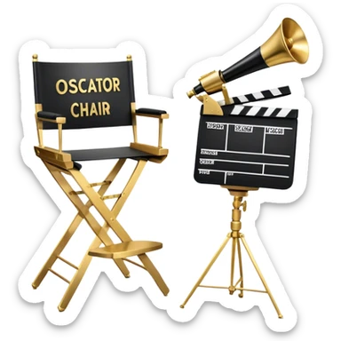 Icon for Directing: professional collage with director's chair, a film slate, a megaphone and an Oscar statuette. The icon should represent the creative and leadership aspects of directing, with focus on film and theater production. Transparent background. sticker