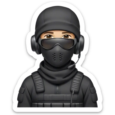 Futuristic special forces soldier wearing a pure white full-face balaclava (not black, not dark), black wraparound sunglasses (only one pair of glasses), and a high-tech military headset with a microphone. The character is dressed in a black hoodie (not a tactical vest or armor). sticker