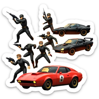 Photorealistic Icon for Action Movies: Close-up Dynamic collage of iconic action movie scenes featuring explosions, fast cars, combat, and weapons. Include silhouettes of famous action heroes, dramatic lighting, and a sense of high-octane energy. Transparent background. sticker