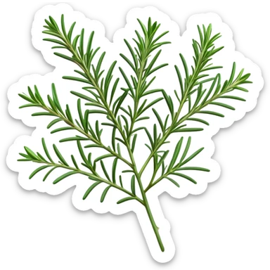 Cinematic Realistic Rosemary Emoji, Fragrant and fresh, with slender green stems covered in needle-like leaves, which release a distinctive herbal scent. The plant seems to exude energy, with soft sprigs of leaves stretching upwards. Soft glowing outline, capturing the essence of earthy healing and aromatic delight in a sprig of rosemary! sticker