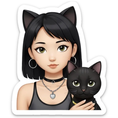 Asian girl, black hair with grey highlights , slightly longer than shoulder.  Holding two BLACK cats. one cat has a round fat face, the other one has a slightly slimmer face. Both pure black.  The girl also wearing a black singlet, a black chocker, silver round hook earring, and wearing eyeliner.  sticker