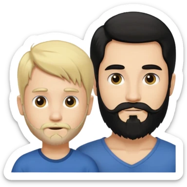 Man with long black hair tied in a tail and beard with a young boy blond short-haired without a beard sticker