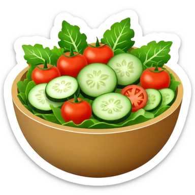 Salads avatar in clean emoji-style illustration. Fresh salad bowl with greens, tomatoes, cucumber, bright green tones, simple shapes, flat design, high contrast, light and healthy. sticker