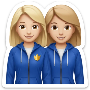 two girls smiling one has blond hair and one is has brown hair they are wearing royal blue track suits sticker