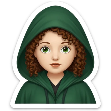 A white woman with a chubby face, with long dark auburn hair, cloaked and hooded like she's a Traitor in the tv show 'The Traitors'. her hair is frizzy curly, not with defined curls, and the robe is a very dark green/almost black color sticker