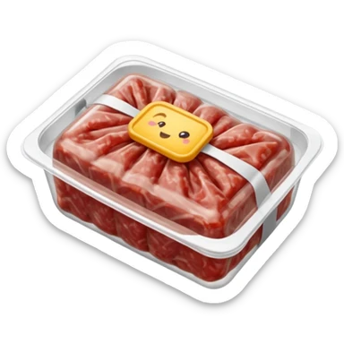 A 3D cartoon pack of minced meat wrapped in transparent plastic, supermarket-style packaging, top angleMemoji-style. sticker