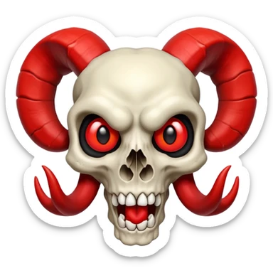 logo of a ram-horned skull with red eyes and a wide mouth, bold, expressive, iconic, fully inside image borders, Apple emoji style sticker