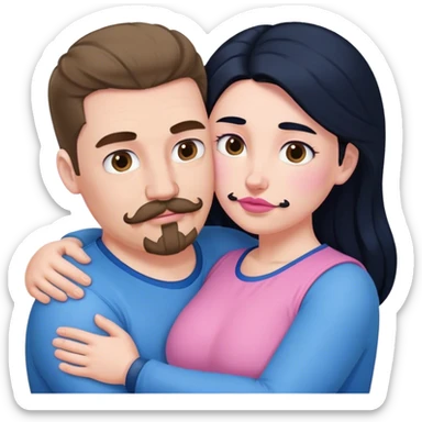 Tall strong white man with brown mustache goatee wearing blue hugging a chubby short pale woman with long black hair wearing pink sticker