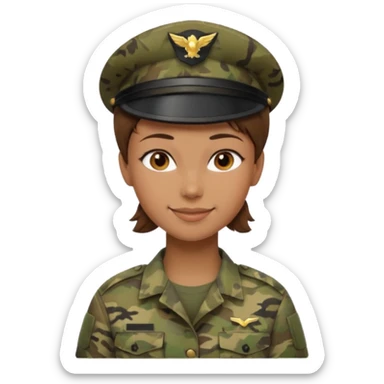 Apple-style emoji: female soldier, bust, no cap/helmet, friendly smile, generic camo top,  sticker