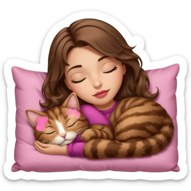 girl with long wavy brown hair, brown eyes, long lashes makeup, sexy pink lips, light to medium complexion,  sleeping on a cozy pillow, with brown tabby cat, sleeping sticker