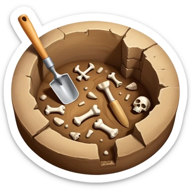 An icon featuring an excavation site with a trowel and ancient artifacts, like pottery and bones, scattered around. The design includes a partially uncovered fossil and a digging brush, symbolizing the discovery of history through archaeology. Transparent background  sticker