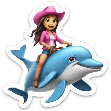girl riding a dolphin, both wearing a pink cowboy hat sticker