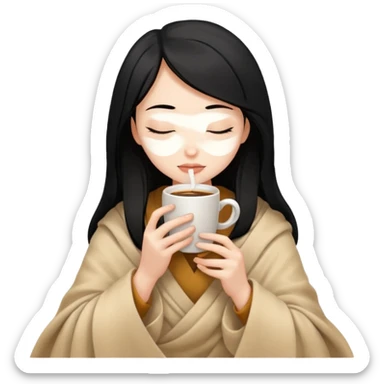 black hair girl long hair inside a beige blanket sipping coffee eyes closed sticker