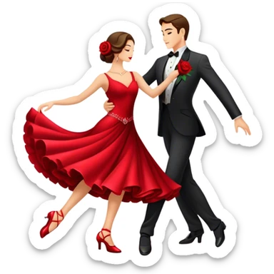 humanless Icon for Ballroom Dancing: a pair of ballroom dance shoes, a rose, a dance floor, a flowing, voluminous ballroom dress in motion, and a shining spotlight. The icon should represent the elegance and atmosphere of ballroom dancing, focusing on the attire and setting. Transparent background. sticker