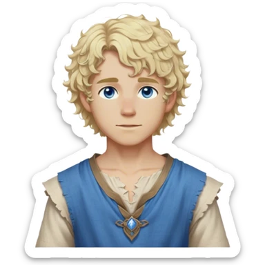 medieval summer outfit worn by a DnD themed fantasy male character. thin sleeveless linen tunic with a V-shaped neckline and frayed edges. clothes only above the waist. The clothes full waist. The character's haven't arms. character is white-skinned, blonde hair, blue eyes, short curly hair. sticker