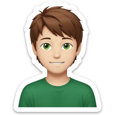 the face of an Anime teen boy with brown hair, green eyes, looking smiling slightly sideways positioned. Face must be main filling of the emoji.  128px sticker