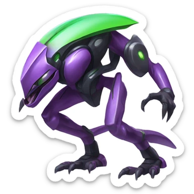 a shiny black-purple-green Genesect-Raptor-Fakémon—hybrid with a futuristic visor-helmet full body sticker