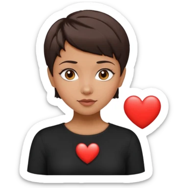 woman pixie cut dark brown hair, tan skin, brown oval eyes, heart shaped face sticker