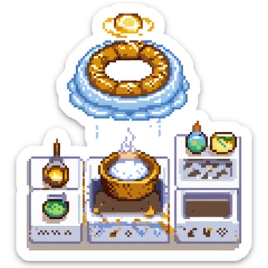 A divine baker surrounded by floating utensils, radiant ingredients, and a halo of light. The oven levitates, powered by pure energy. UI resembles clouds, golden rays, and ethereal scrolls—like a heavenly recipe interface. sticker
