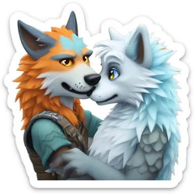 Male wolf furry getting patted on the head by a Male lizard-fox hybrid furry with orange fur interspersed with shimmering orange scales, lizard nose, icy blue eyes, white emo Hair sticker