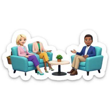 Morning entertainment TV studio, cozy talk show set with armchairs and couch with people, LED screen behind, warm pastel colors, green and blue lighting panels, festive decorations, friendly daytime TV atmosphere, realistic broadcast studio, no branding. sticker