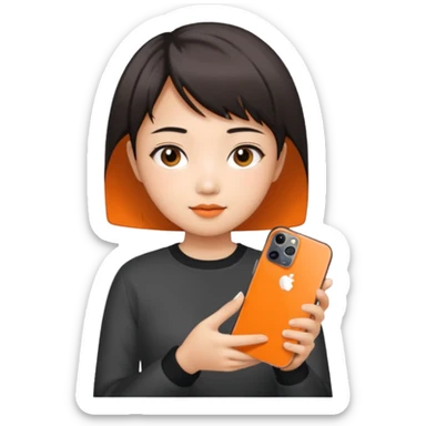Asian girl with short hair girl holding iphone 17 pro orange sticker