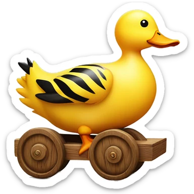 Big Yellow Duck with tiger stripes on wooden wheels like from the book janosh. Point of view from the side 90 degrees sticker