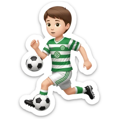 Celtic footballer jersey logo  6 years old brown hair white boy , brown eyes , stripes uniform , RUNNING  with soccer ball # 17 celtic football logo PUT ONLY ONE LOGO ONE CELTIC LOGO ONLY white shorts sticker