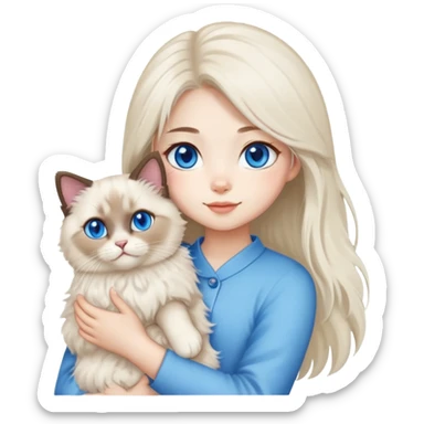 Asian girl holding a fluffy ragdoll cat with blue eyes and colorpoint fur sticker