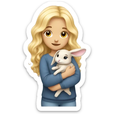 Blond wavy hair girl cuddling a small honey grey rabbit sticker
