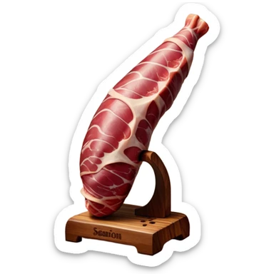 ​Cinematic Realistic Spanish Jamón Leg, depicted as a massive, cured leg of Jamón serrano (ham) with a deep reddish-brown hue, intricately marbled and slightly glossy with age, elegantly displayed on a rustic wooden stand and bathed in warm, soft lighting that accentuates its artisanal heritage, sticker