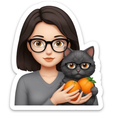 girl with dark brown hair, medium length to her chest, slightly wavy, the girl has black glasses and black eyes, she’s holding a grey fluffy cat with bright orange eyes  sticker