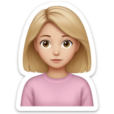 Crea una chica güerita con pelo café claro y raíces güeras, ojos rasgados cafés oscuros, suéter o camisa rosa claro sticker