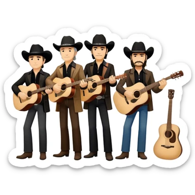 Icon for Country Music: The Highwaymen group, featuring silhouettes of Johnny Cash, Willie Nelson, Waylon Jennings, and Kris Kristofferson with guitars and cowboy hats. A subtle western backdrop with music notes reflects the spirit of classic country. Transparent background. sticker