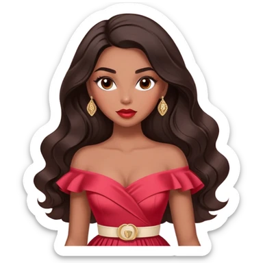 A woman with darker almond-toned skin, more voluminous dark hair in waves, expressive eyes with soft lashes and shimmer, full lips with a glossy nude-pink color, wearing a red dress and a white crossbody sash with “Miss San Juan” in black letters, exuding elegance and confidence sticker